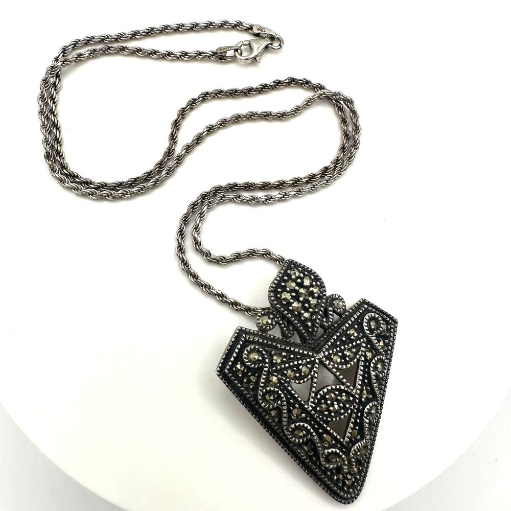Vintage 925 sterling silver genuine marcasite pendant 18" twisted rope necklace